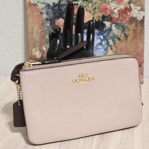 Coach Double Corner Zip Wristlet Mini Bag C7679 Washed Mauve & Cranberry & Gold